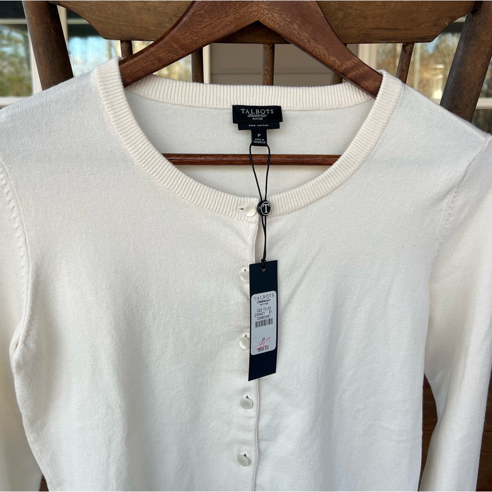 Talbots Cardigan Crewneck cotton-blend Ivory Button Up Sweater Petite Small - Picture 2 of 16